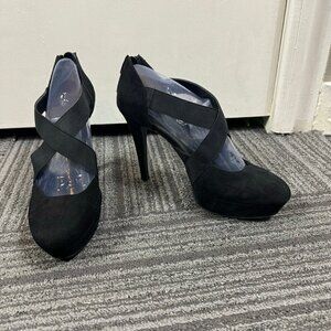 Nine West Ganna black faux suede cross strap stiletto pumps